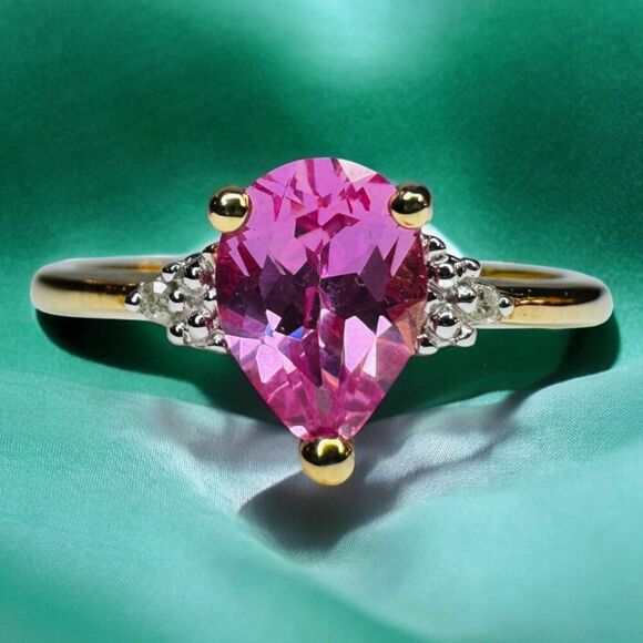 Unbranded Jewelry - VINTAGE -10K Gold- Pink Sapphire & Diamond Ring -Size 7 Pear Cut Solitaire -2.1g